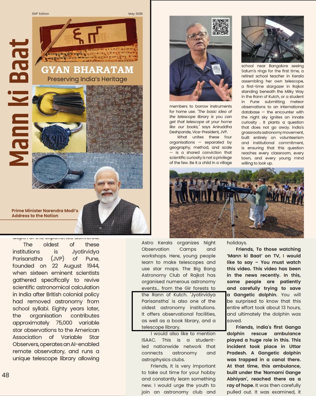 JVP was featured in Prime Minister's Man Ki Baat. 'Mann Ki Baat' is the program hosted by Indian Prime Minister Narendra Modi, where he addresses citizens across the nation to share inspiring stories, discuss governance, and highlight people-led initiatives. He has mentioned jyotirvidya Parisanstha's work in his talk